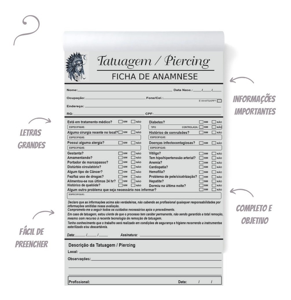 Ficha de Anamnese Cílios Anamnese, Cílios, Ficha anamnese Anamnese Tattoo Tatuagem E Piercing Bloco Com 100 Folhas Mercado Livre