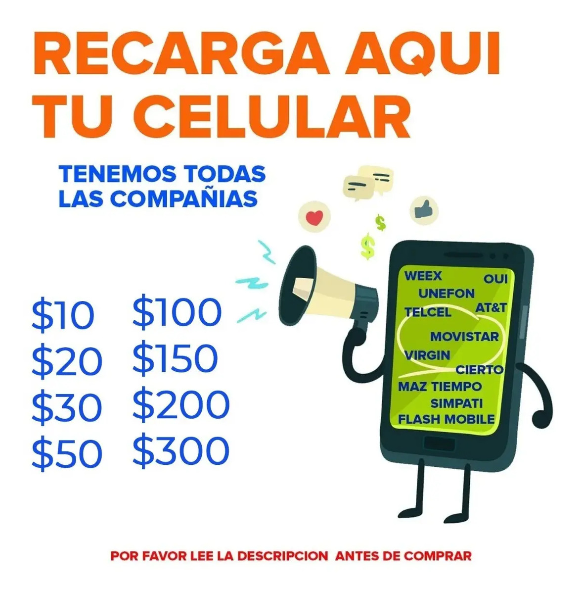 Recarga Saldo Cualquier Compañia 10 20 30 50 100 150 200 Mercado Libre