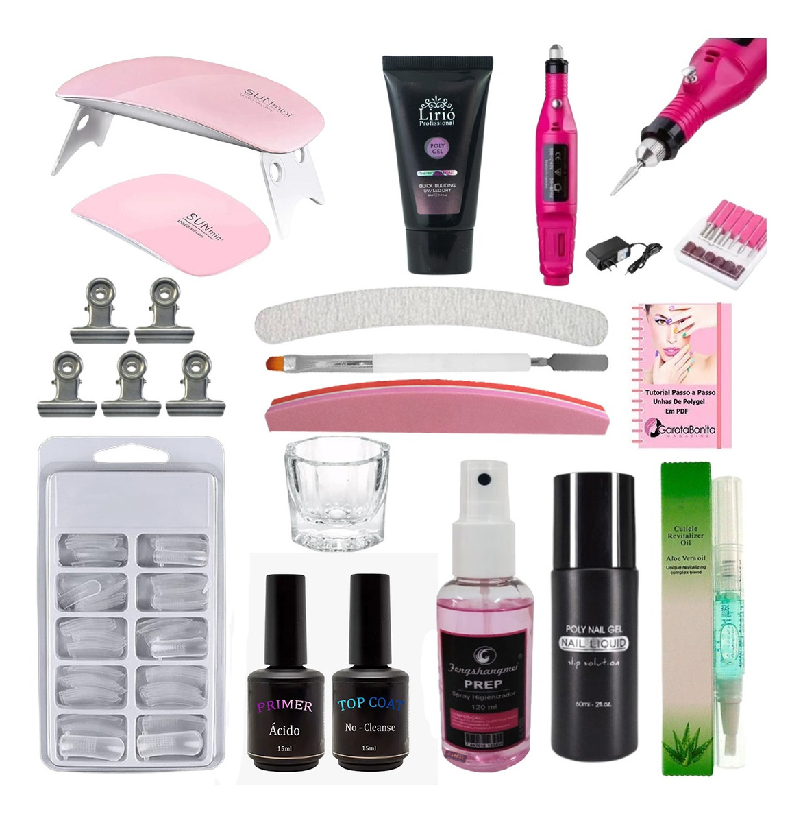 Kit De Unha Poly Gel Manicure Lixa Buffer Sun Mini Iniciante Frete grátis