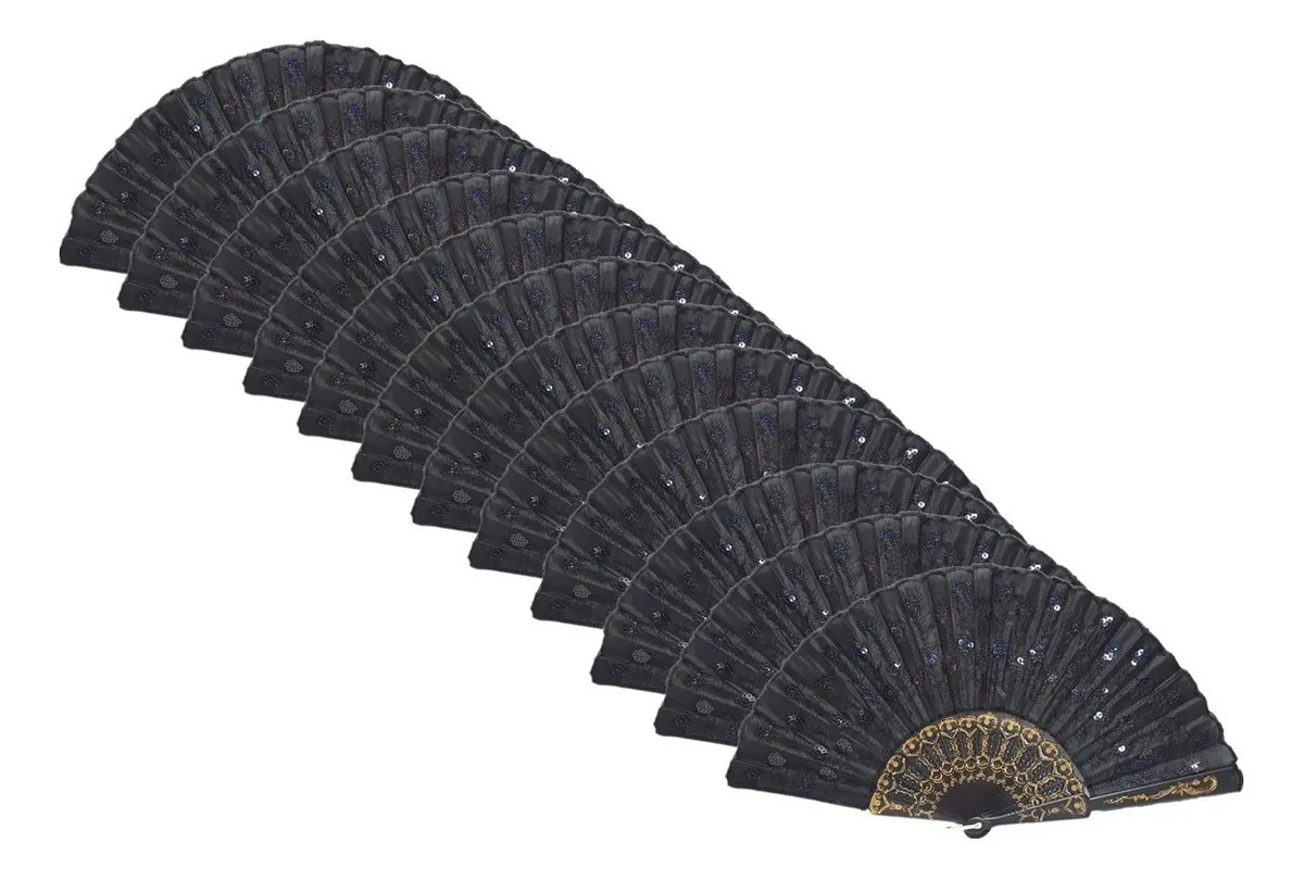 12 Leque Luxo Espanhol Pavão Bordado Lantejoula Paetê Preto Mercado Livre