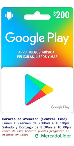 Tarjeta Google Play De 200 Pesos Mercado Líder | Mercadolibre