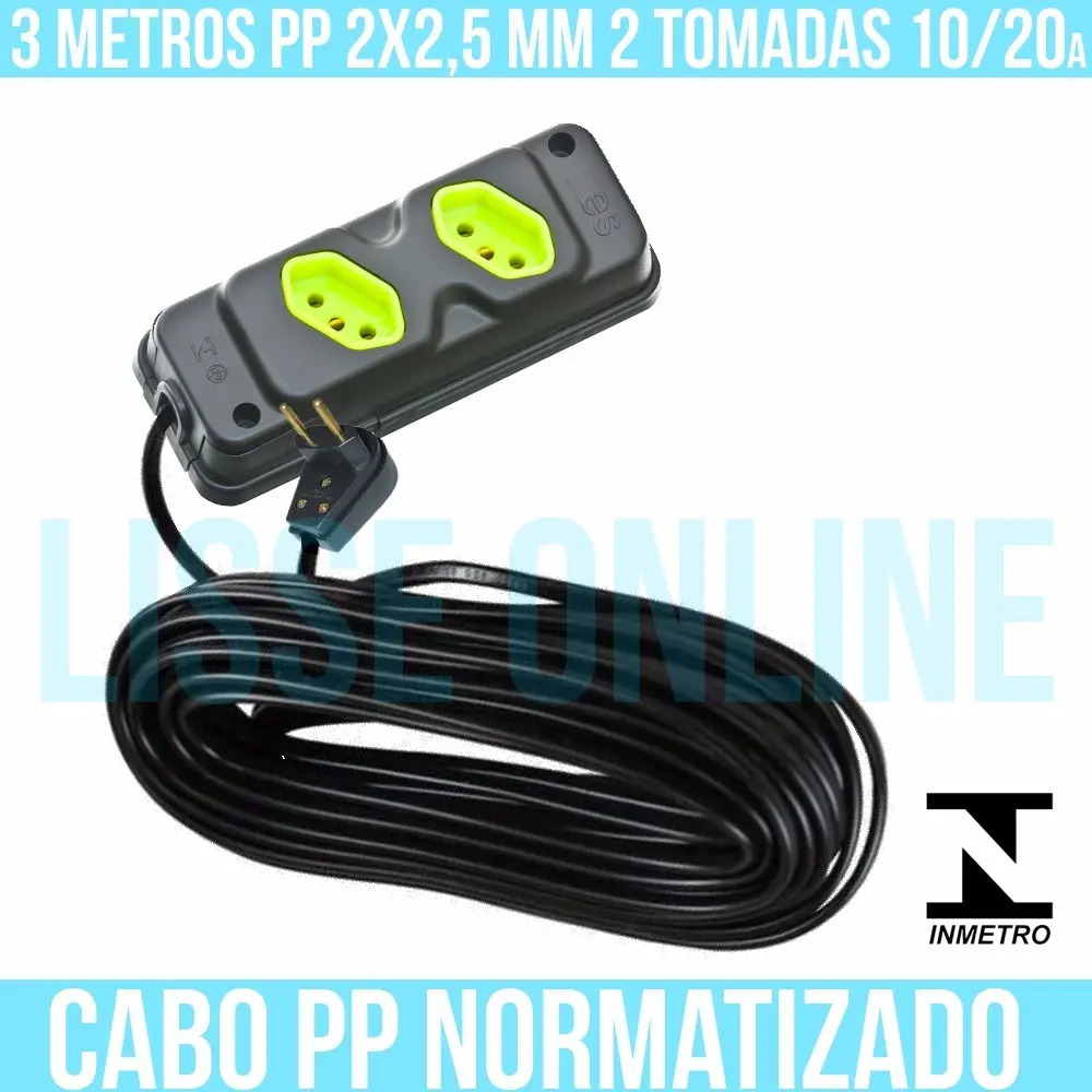 Extensão Elétrica 10/20a 03 Metros 2 Tomadas Cabo Pp 2x2,5mm Mercado