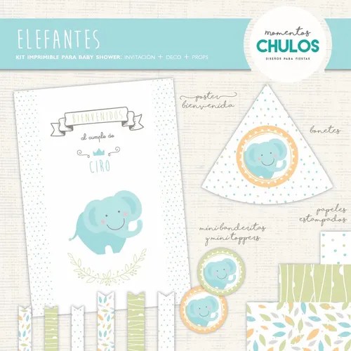 Kit Imprimible Baby Shower Varon Elefantes Decoración Props en venta en