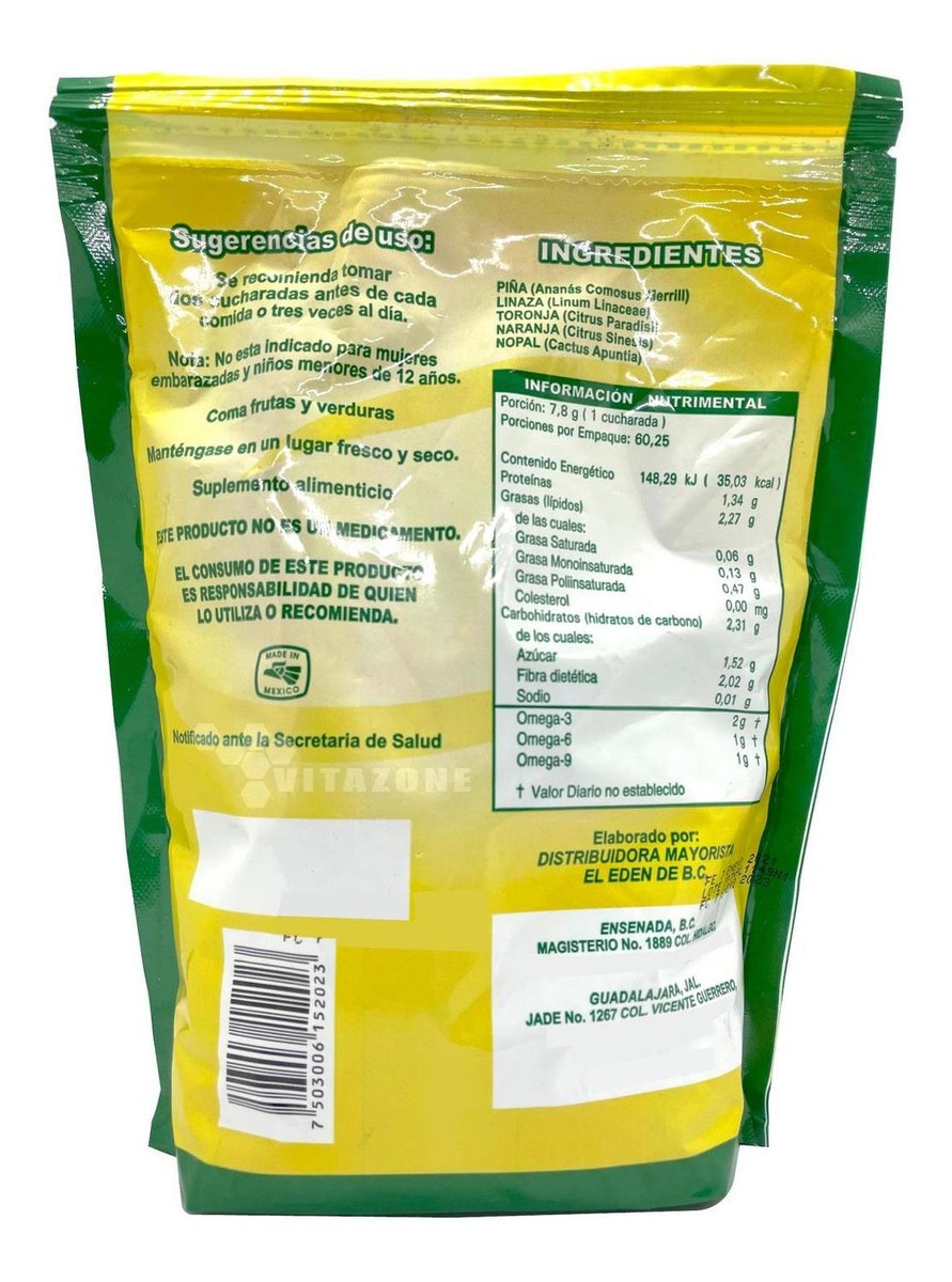 5 Bolsas Fibra Piñalinaza (linaza Canadiense) Piña 470 Grs. VITAZONE