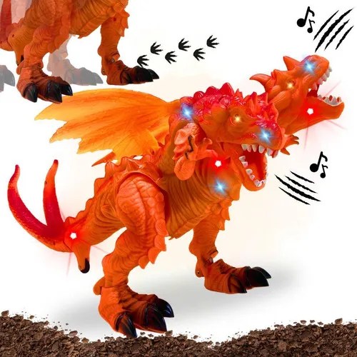 Niño dinosaurio dragón de juguete con 2 cabezas de sonido y luces