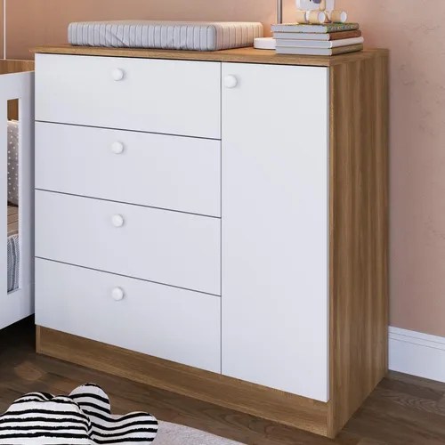 Cajonera con 4 cajones, blanco y marrón, habitación infantil, color