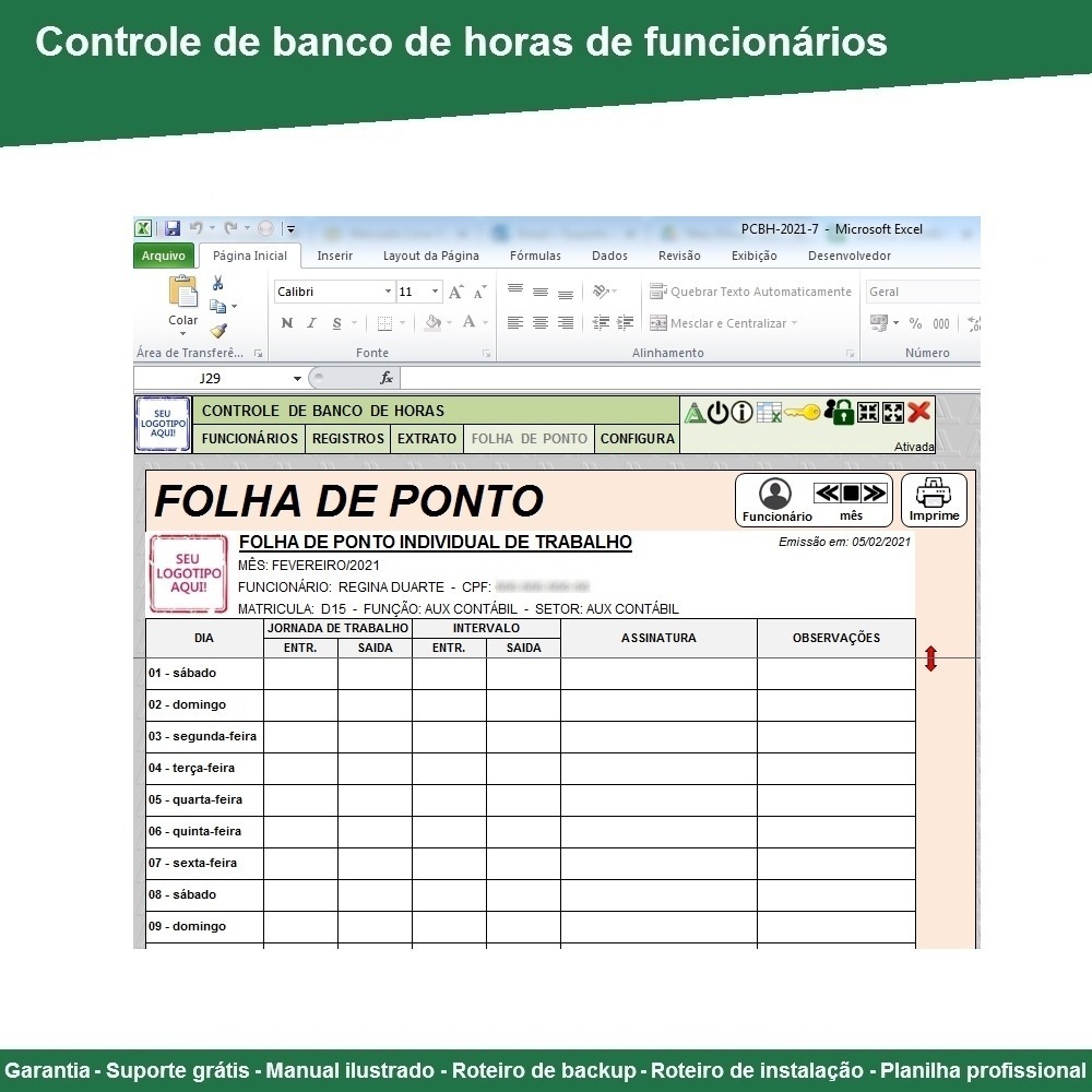 Planilha De Controle De Banco De Horas Folha De Ponto Mercado Livre