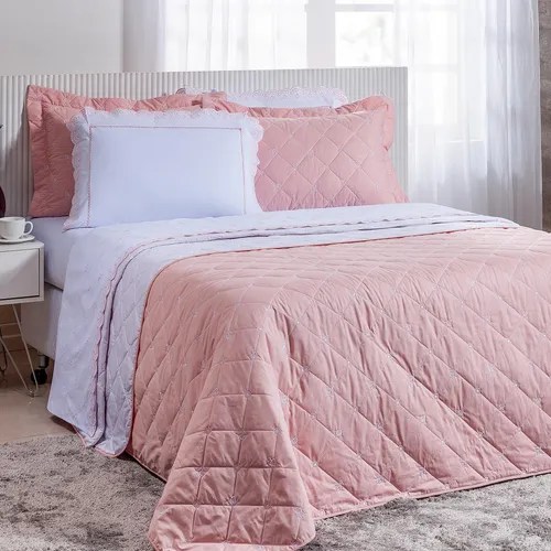 Kit Cobre Leito Cama Casal Queen Bordado 100 Algodão 3 Pçs Cor Rose