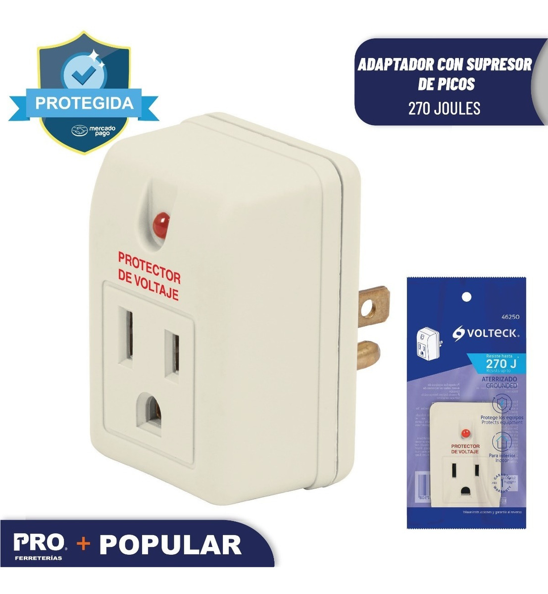 Adaptador Con Supresor De Picos 270 Joules, Volteck 46250