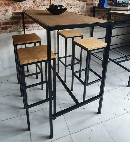 Mesa Barra Bar Hierro Madera 120X60 + 4 Taburetes Cerveza | Mercadolibre