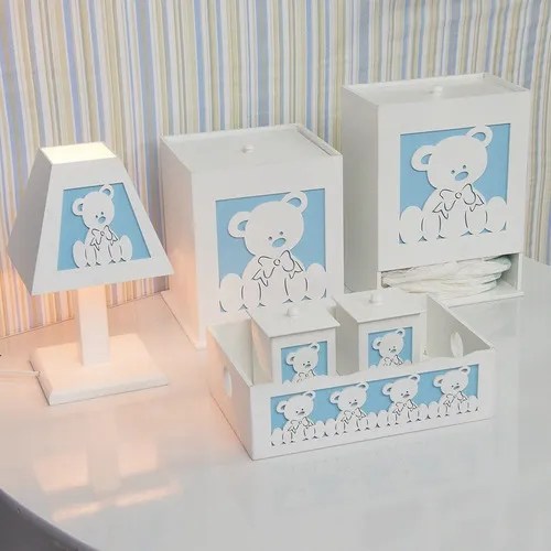 Kit Higiene Urso Baby MDF Cor Blanco/Azul Precious Baby Kit Higiene