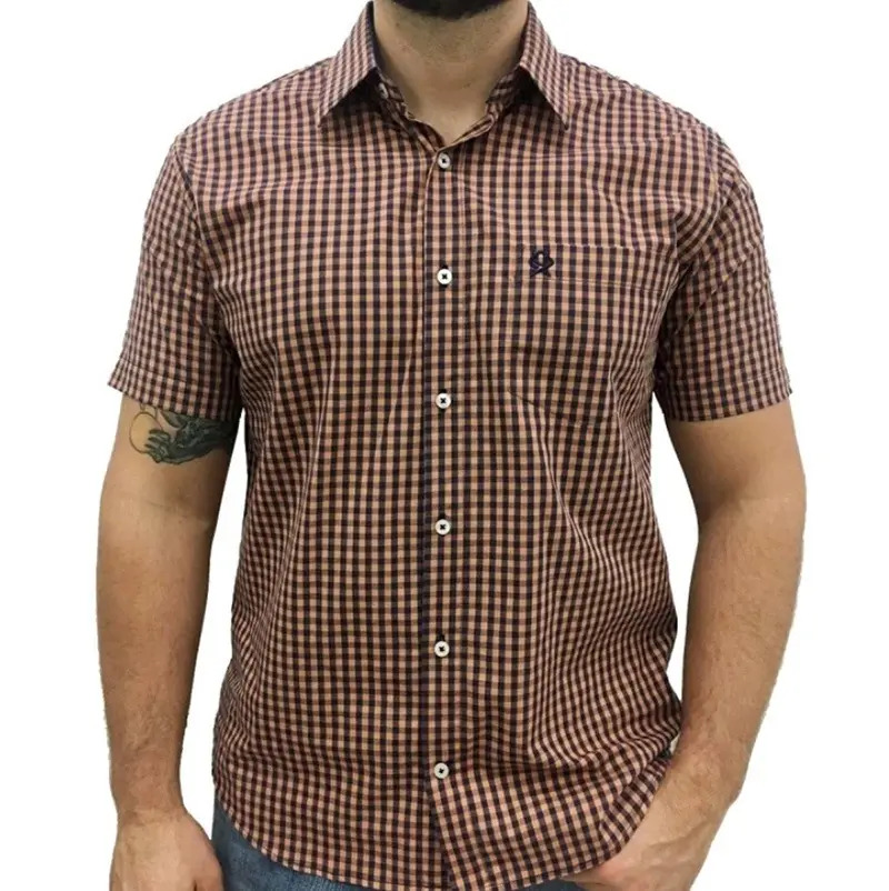 Camisa Masculina Manga Curta Ox Horns Marrom Xadrez C/ Bolso Mercado