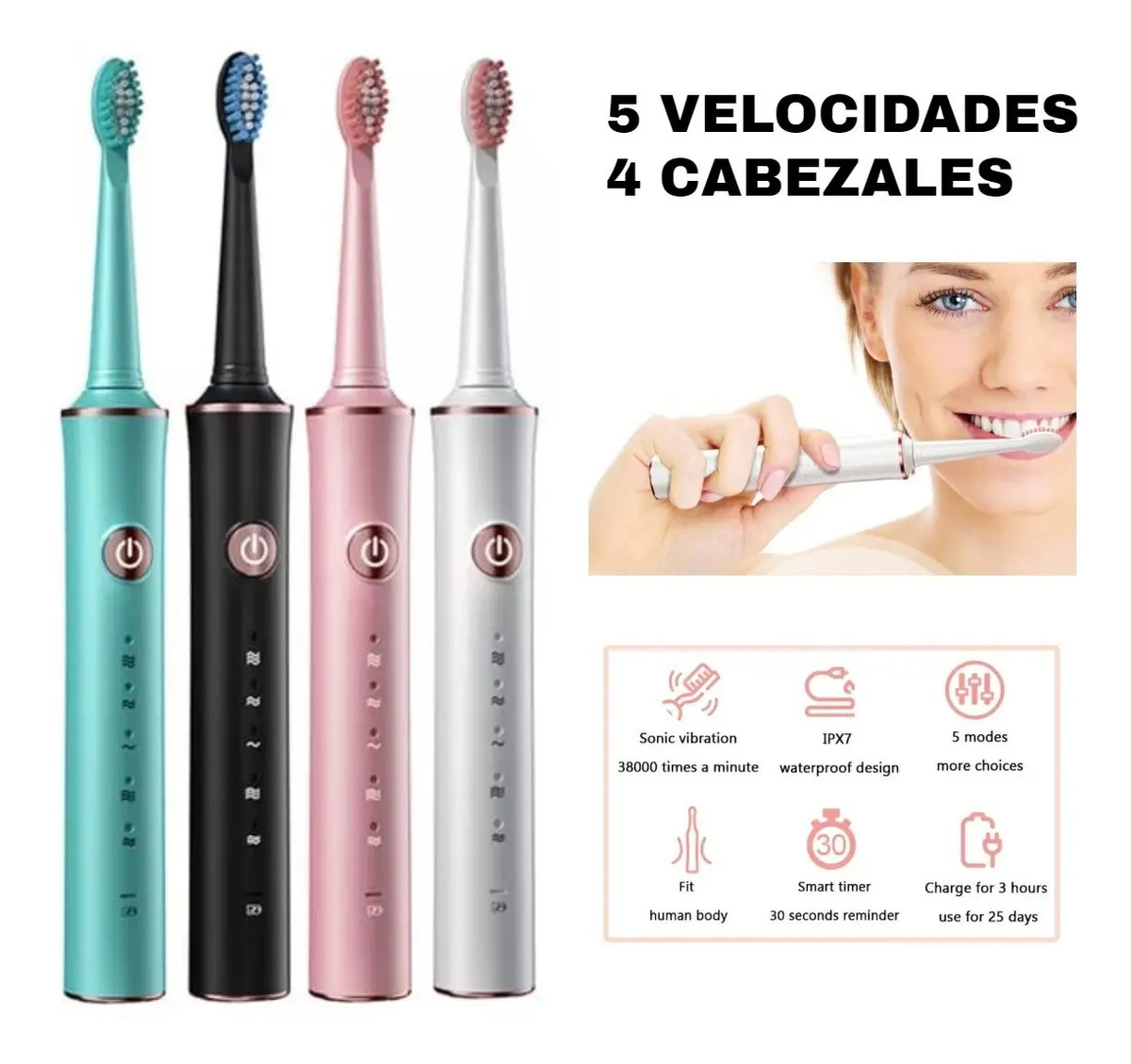 Cepillo Dental Electrico Sonico Recargable Dientes 4 Cabezas Mercado