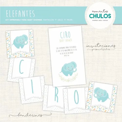 Kit Imprimible Baby Shower Varon Elefantes Decoración Props en venta en