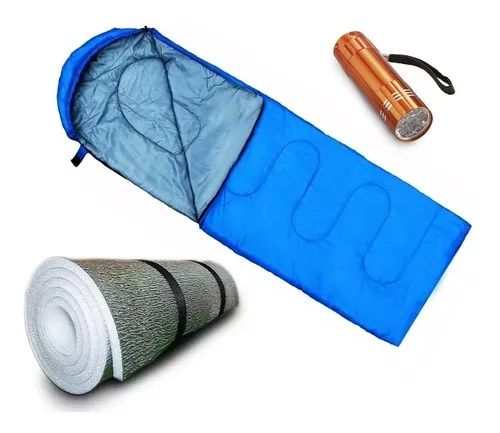 Combo Bolsa Dormir Termica 0 C° Con Capucha + Aislante + Linterna Led Pilas Inncluidas Camping Colegio Niños Chicos | Power Fishing