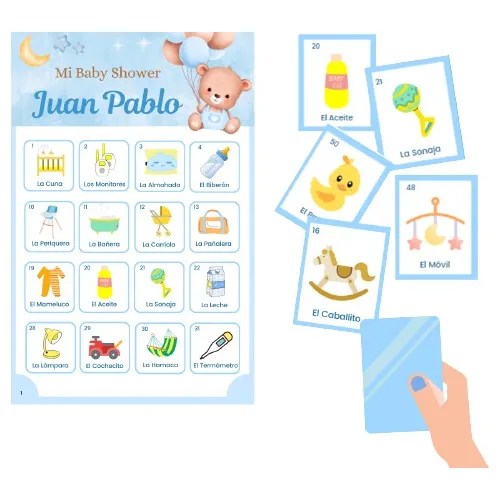 Lotería Y Juegos Baby Shower Osito Azul Niño Kit Imprimible Meses sin