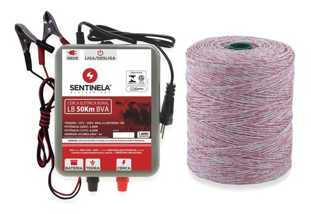 Kit Eletrificador Cerca Elétrica Rural Lb 50.000 + Cabo 500m Mercado