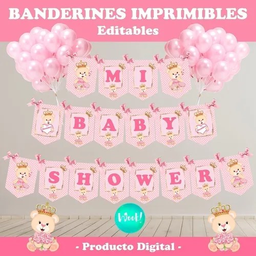 Kit Imprimible Banderines Mi Baby Shower Osita Princesa Cuotas sin