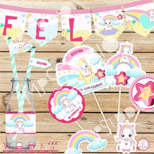 Kit Imprimible Personalizado Candy Unicornio Bebe Arcoiris en venta en