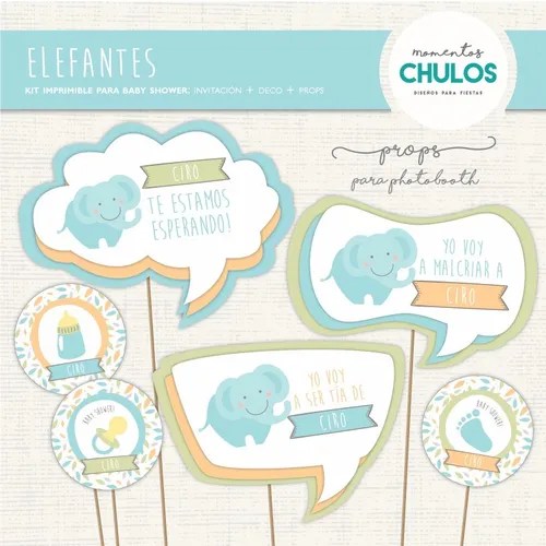 Kit Imprimible Baby Shower Varon Elefantes Decoración Props en venta en
