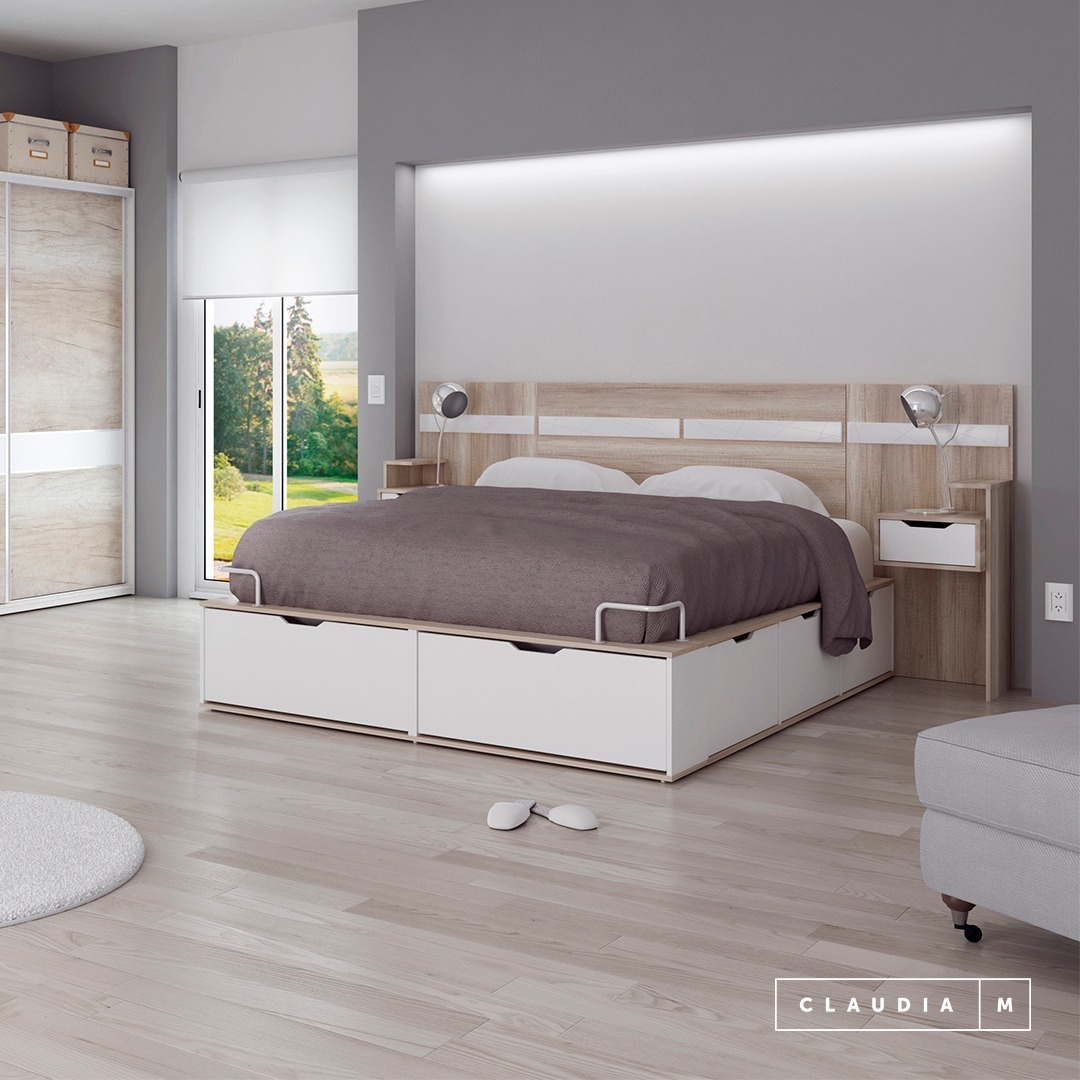 Cama De 2 Plazas Con Cajonera Botinero Mesas De Luz Flotante Mercado