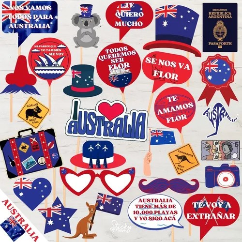Kit Imprimible Viaje Despedida Australia 40 Props Divertidos en venta