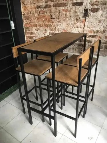 Mesa Barra Bar Hierro Madera 100X40 + 4 Taburetes C/Respaldo | Muebles Macxuel
