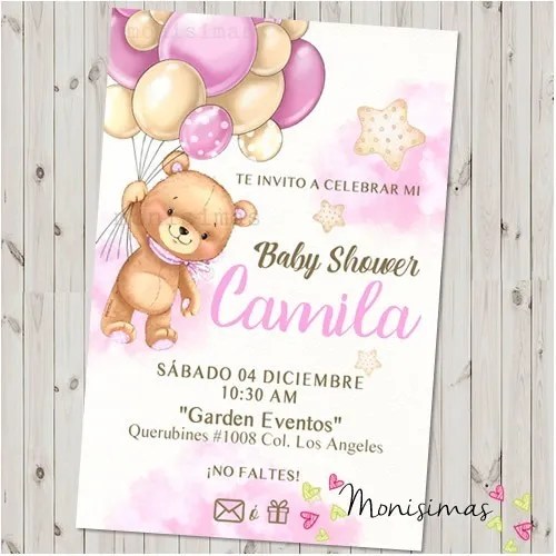 Invitacion Baby Shower Osito Oso Rosa Digital Personalizada Meses sin intereses