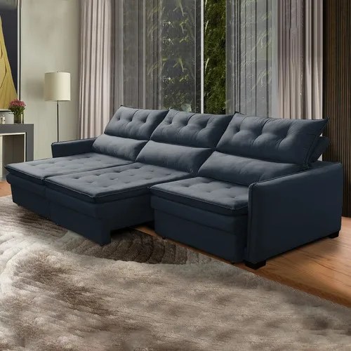 Sofá Retrátil 290cm Legacy Reclinável Veludo Azul Petróleo Cor Azul