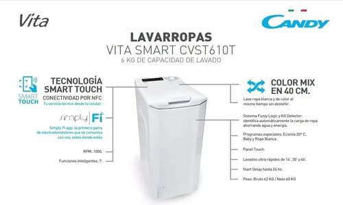 Lavarropas Carga Superior Candy Cvst610T Smart 6Kg 1000Rpm C | Cuotas Sin Interés
