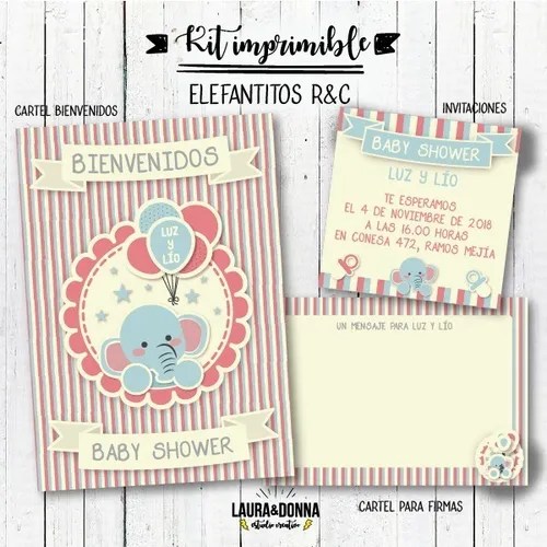 Kit Imprimible Baby Shower Elefante Candy Bar Deco Bebe en venta en