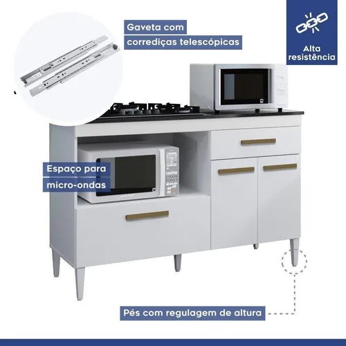 Balcão Para Cooktop 4 Bocas 3 Portas 1 Gaveta Palace Branco à venda em