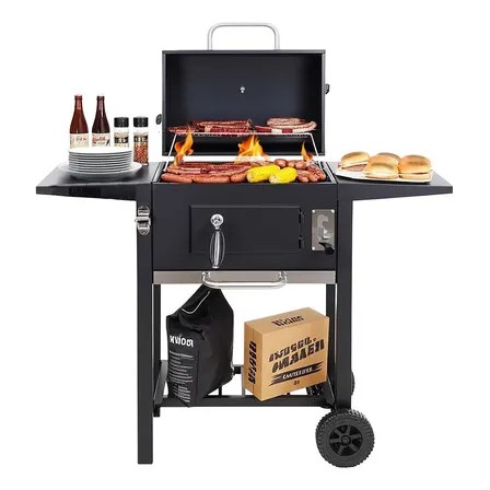 Parrilla Bbq Asador De Carbón Con Ruedas Acero Inoxidable Medidor De Temperatura Integrado 4 Reguladores De Ventilación Color Negro Signa