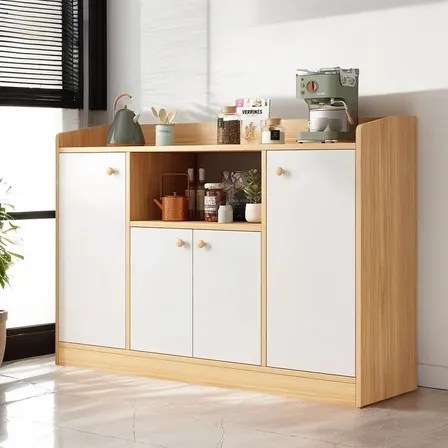 Aparador Mueble Multifuncional Credenza Con 4 Puerta Y Cajón Madera Clara Y Blanco
