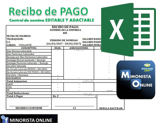 Recibo De Pago Nomina Formato Excel 2018 Bs. 8,00 en Mercado Libre