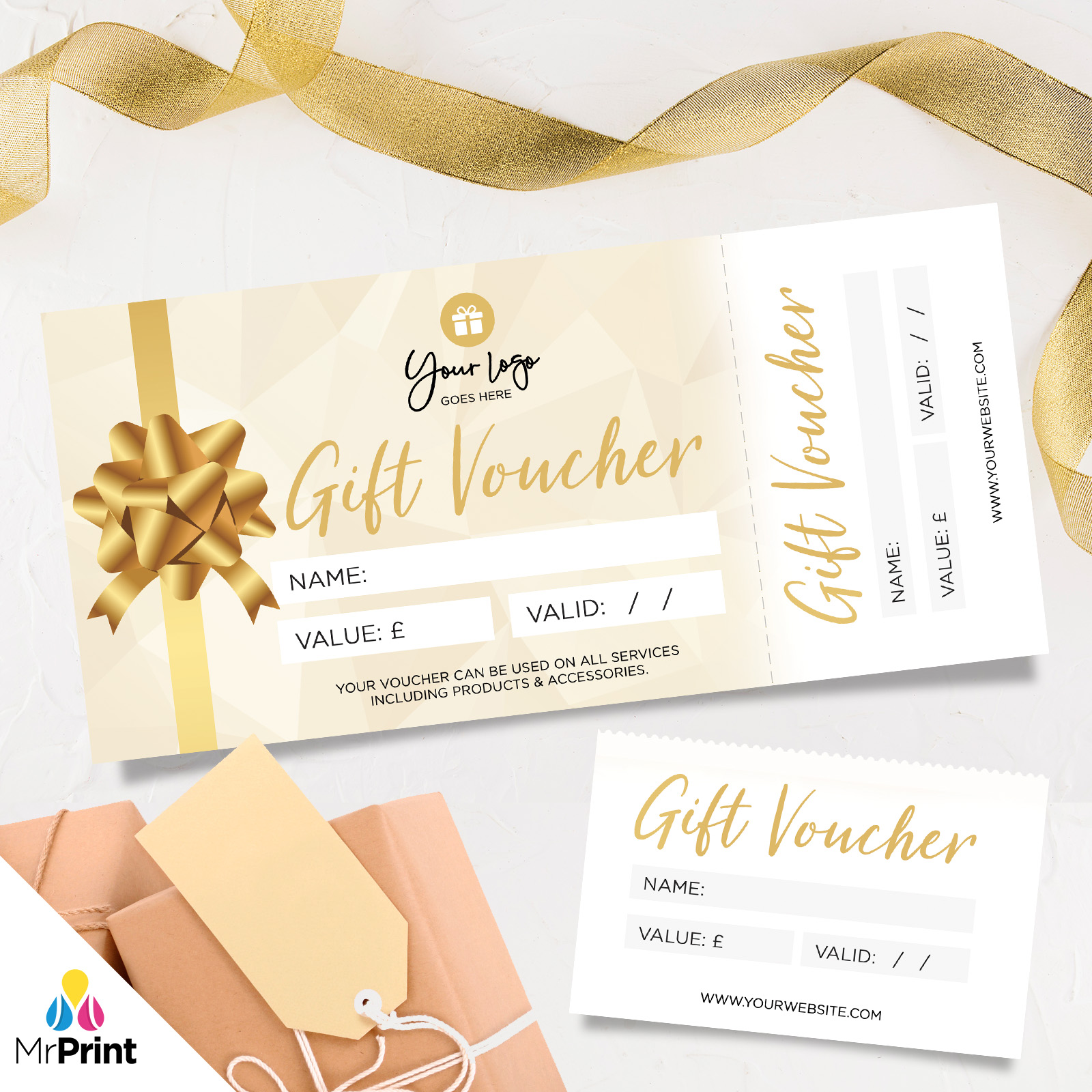 CUSTOM PRINTED GIFT VOUCHERS PERFORATED GOLD GLITTER GENERIC BOW PRESENT 01 eBay