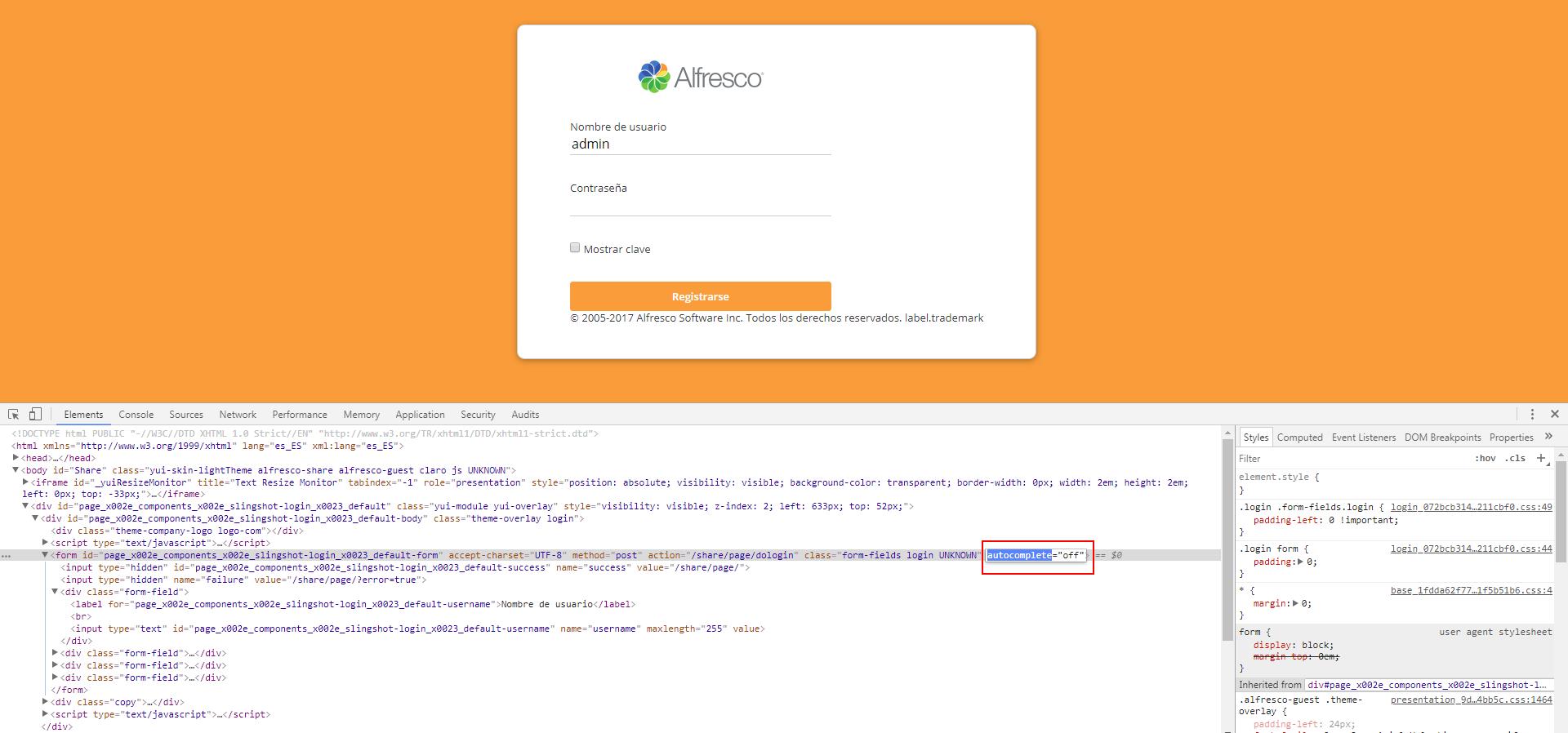Disable password saving option while login Alfresco Hub