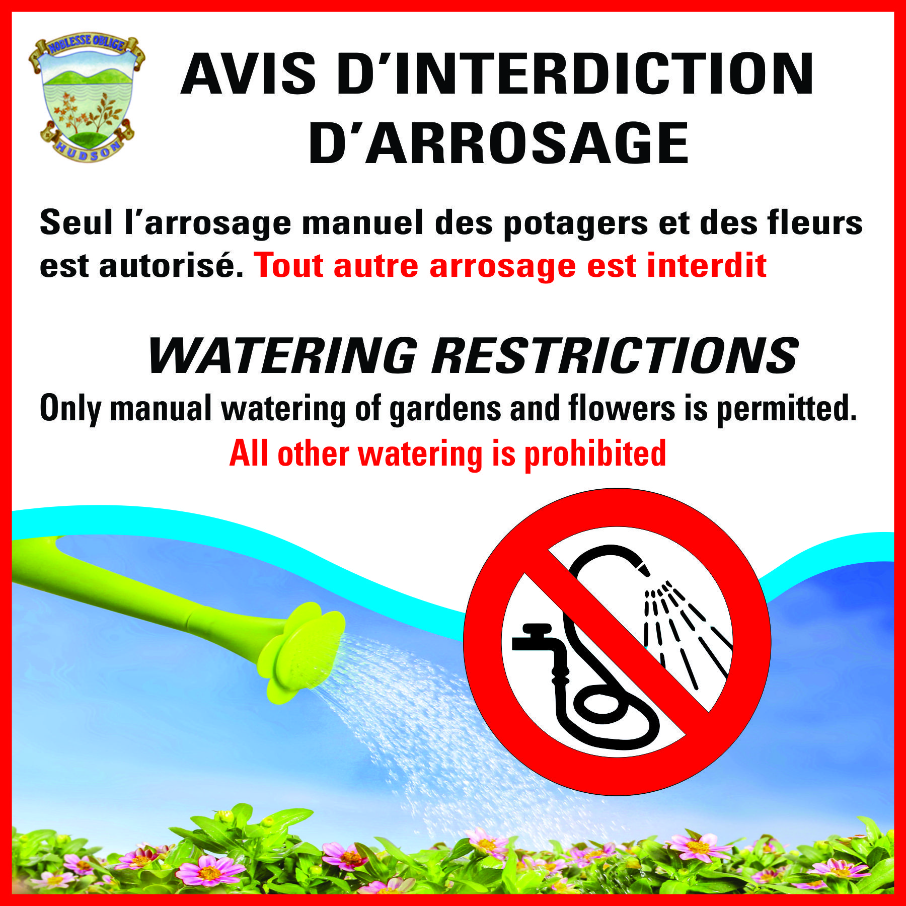 Interdiction d’arrosage en vigueur 31 mai 2023 Ville de Hudson