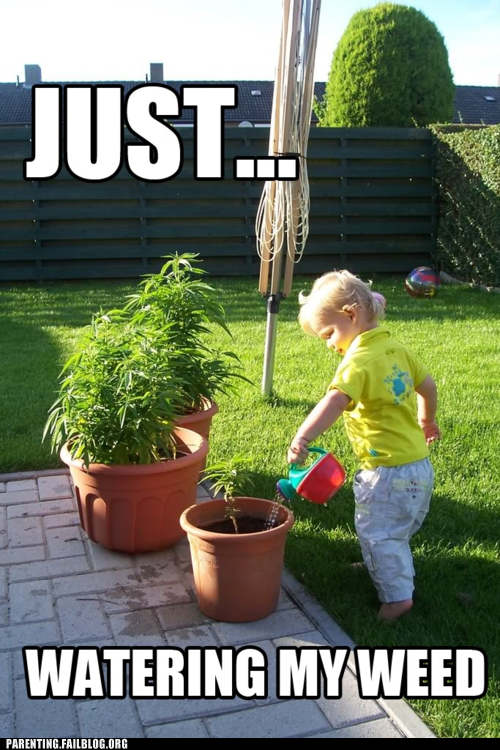 It's a kid watering a plant. It's funny because its a pot plant, it's