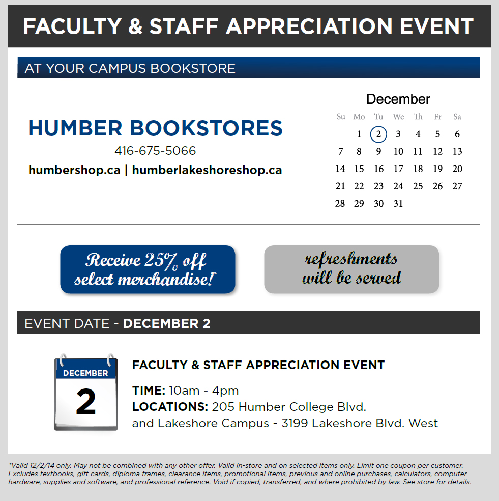 Humber Bookstore Faculty & Staff Appreciation Event Humber Communiqué