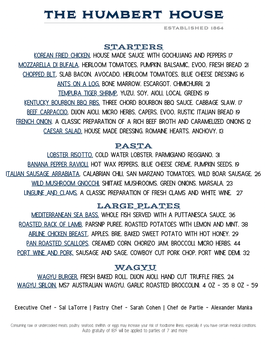 Dinner Menu Humbert House