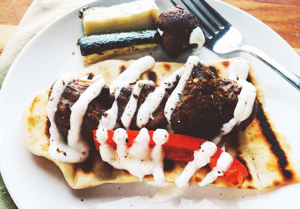 CuminChile Lamb Skewers with Naan and Garlic Yogurt Sauce