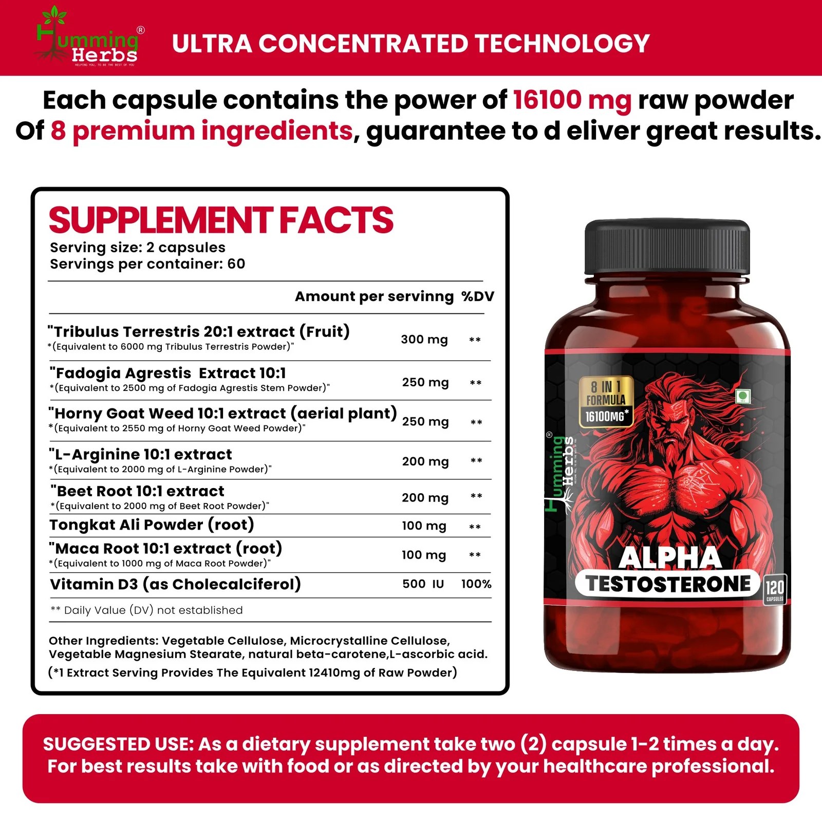 Alpha Testosterone Booster 16100mg 120 Capsules Humming Herbs