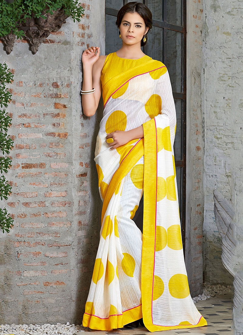 ORGANIC LINEN CORPORATE WHITE & YELLOW SAREE