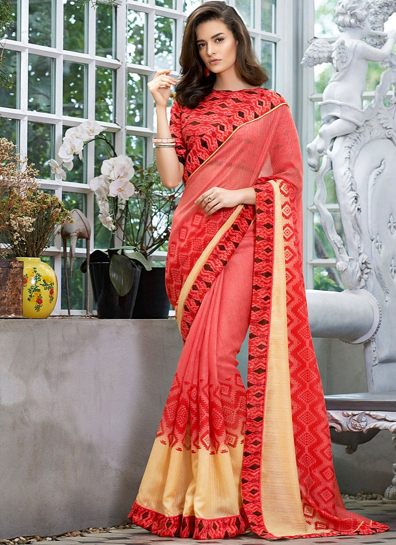 ORGANIC LINEN CORPORATE CORAL & CREAM SAREE