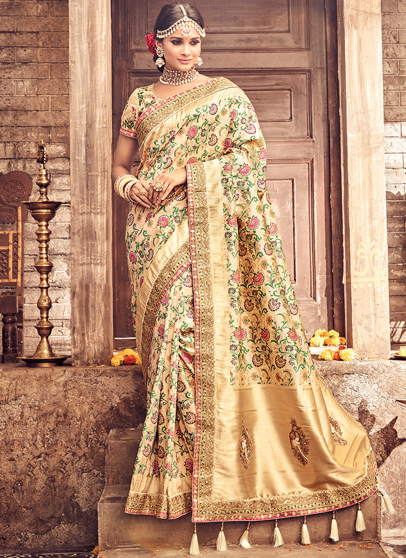 BEIGE PURE BANARASI SILK DESIGNER WEDDING SAREE