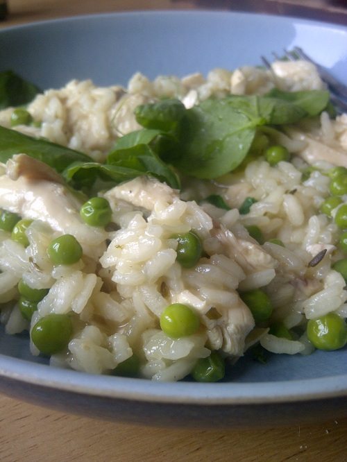Fresh summer chicken and pea risotto with pea shoots HUNGRY BECKY