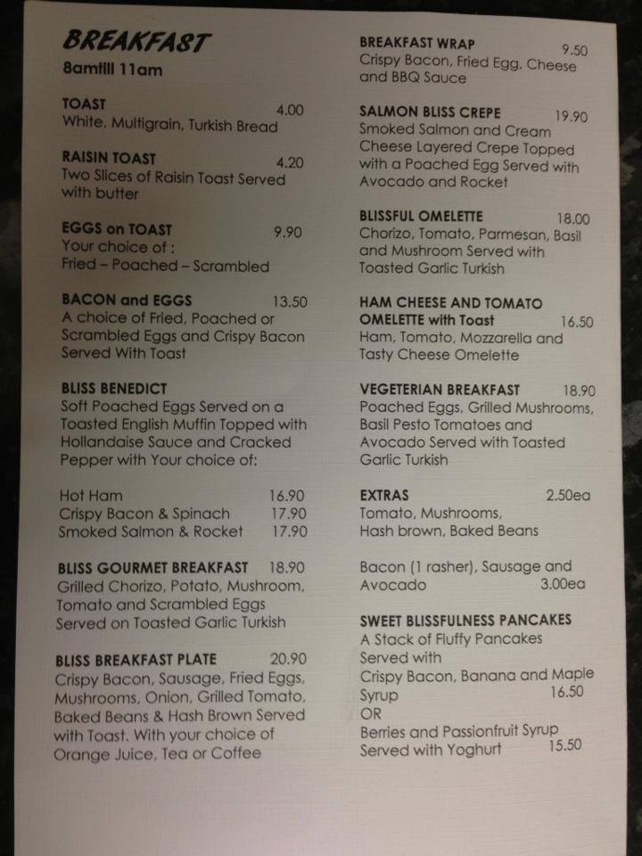 Bliss Cafe Kalgoorlie menu, prices and opening hours Hungry in Kal