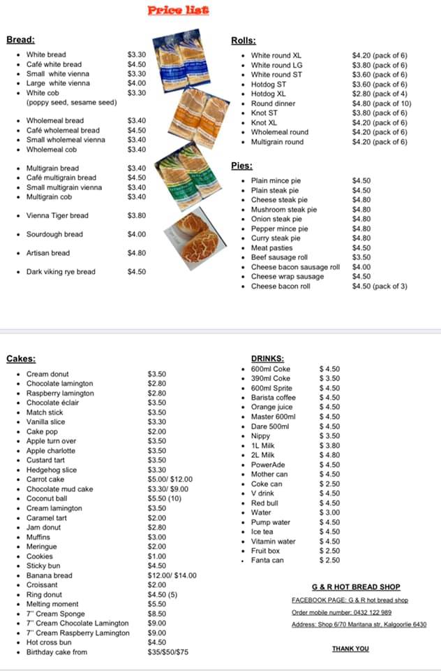 G & R Hot Bread Shop Kalgoorlie menu, prices and opening hours Hungry