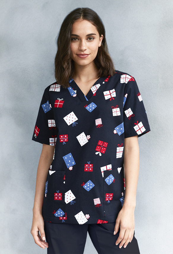 Biz Care Womens Christmas S/S VNeck Scrub Top Christmas Nursing